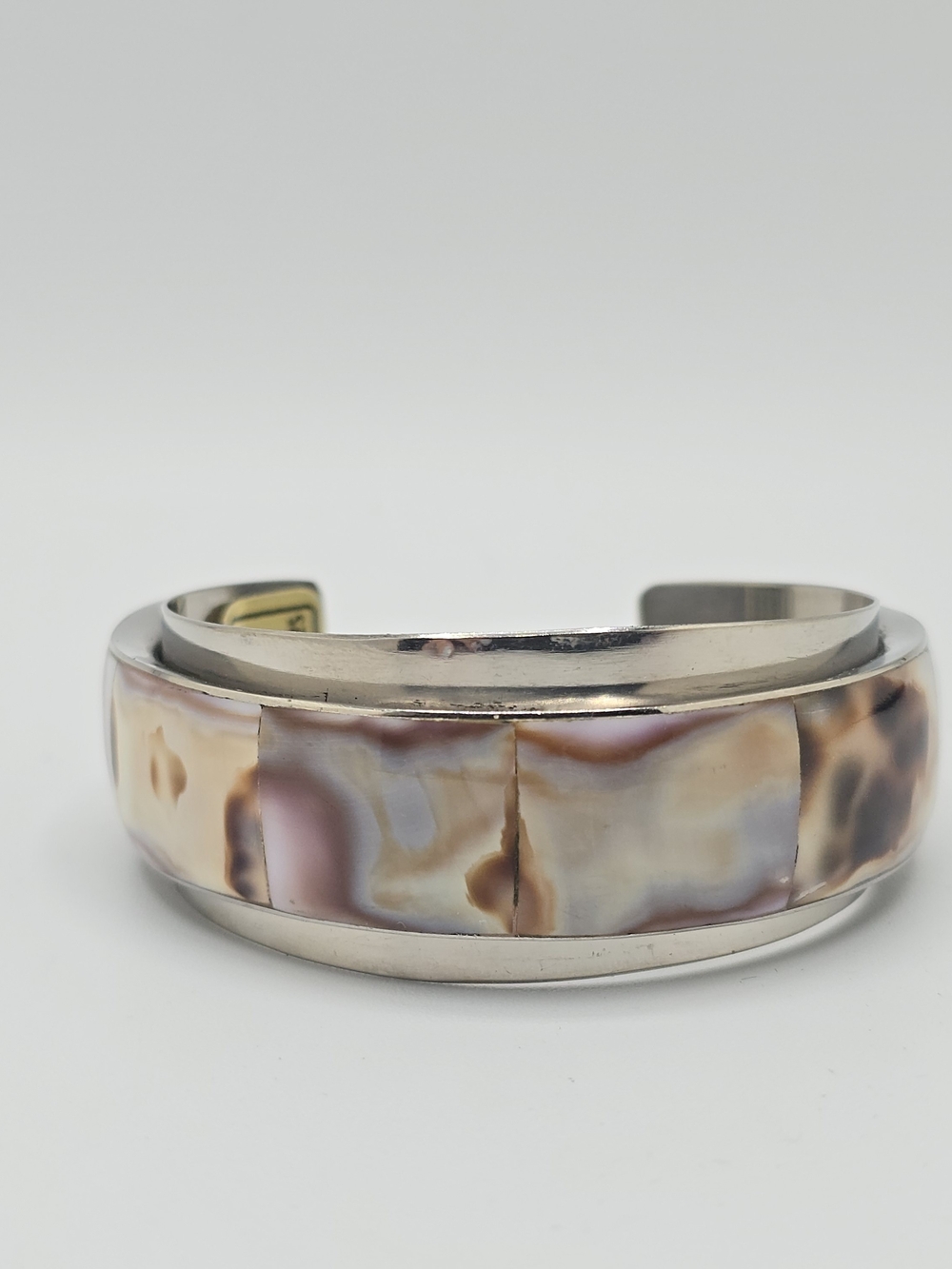Shell Inlay Cuff Bracelet Layered Wide Silver Tone & Neutral Shell Boho 6"